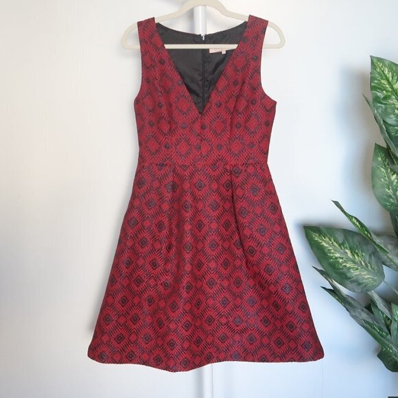 Anthropologie Hutch Red & Black Tweed V-neck Sleeveless Flare Midi Dress Size 8 - Picture 7 of 12